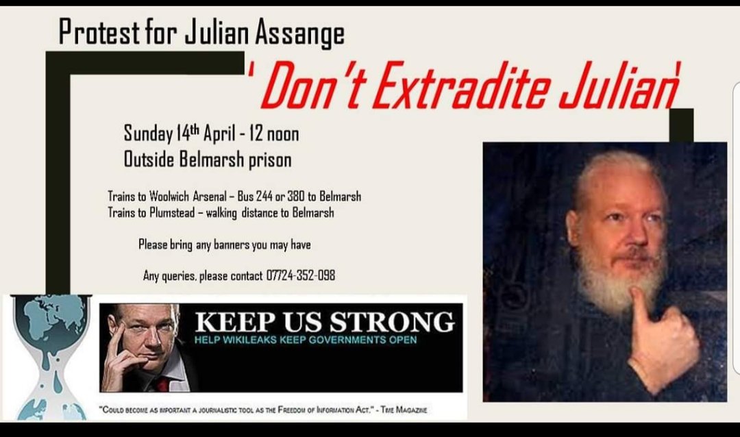 'Don't extradite Julian'
Belmarsh prison.
Sunday 14th April @ 12pm 
#FreeAssange 
#WikiLeaks