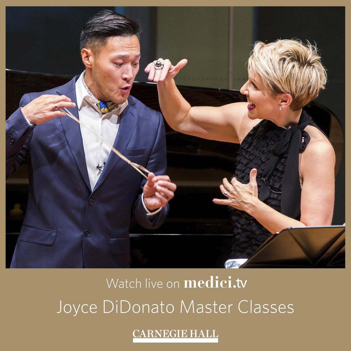 carnegiehall's tweet photo. Tune in today at 4 PM as mezzo-soprano @JoyceDiDonato leads her first of three master classes, which will be streamed live on @medicitv. Send in any questions throughout the workshop using the hashtag #AskJoyce. https://t.co/x2GXtkdJWi https://t.co/zLmNVCyIWc
