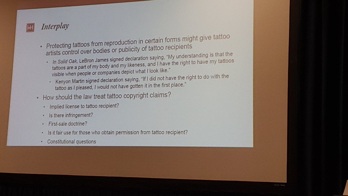 SWLawELS's tweet photo. Are rights of tattoo artists limited? There is an interplay between visual owners rights and property owners  #VisualArt #IPLSpring @ABAIPL_LSAG @abaIPL @ABAesq https://t.co/jPJthEf3ec