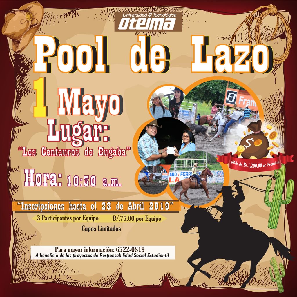 unioteima's tweet photo. La Universidad Tecnológica OTEIMA, te invita al Pool de Lazo, en Los Centauros de Bugaba.
#chiriqui #oteima #universidad #pooldelazo https://t.co/jHJqohlSFO