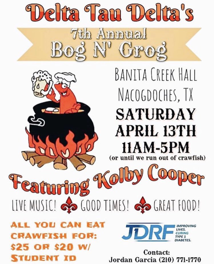 BanitaCrkHall's tweet photo. Hey hey! Tomorrow don’t forget to come out from 11-5pm for some crawfish with @SFA_Delts &amp; @KolbyCooper_ ‼️ https://t.co/22yfJkF68Z