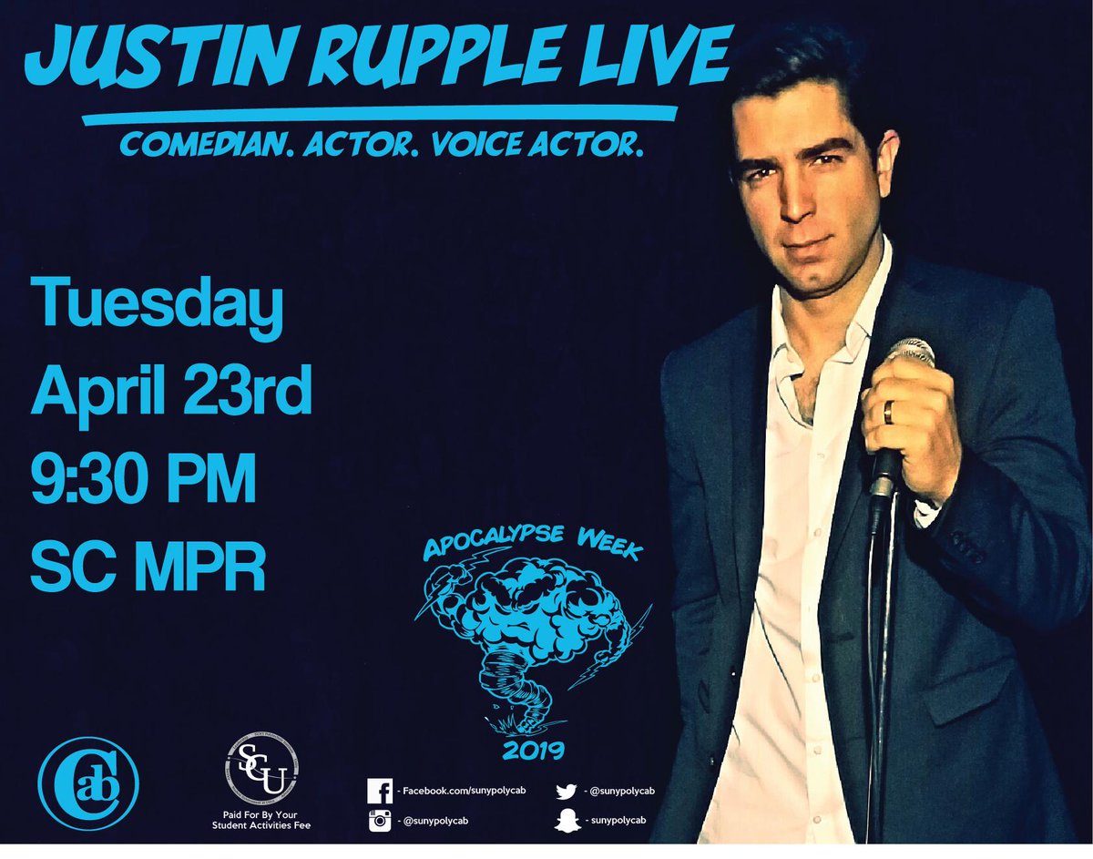 Next up for Apocalypse Week is Justin Rupple! He'll be here on Tuesday April 23rd to wrap up our two-day run of comedy events! Justin has starred in How To Train Your Dragon 3, "First Impressions" with Dana Carvey on USA and will be on campus for what's going to be a great night!