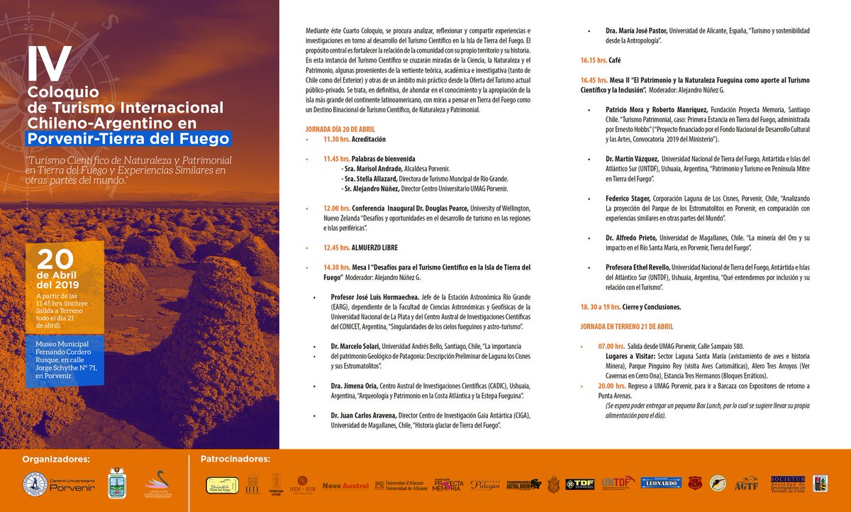 Estimad@s, les espero en nuestro IV Coloquio de Turismo en Tierra del Fuego. FAVOR COMPARTIR!!!! <a href="/pablonegri/">Pablo Negri Edwards</a> <a href="/AlertaIslaRiesc/">Alerta Isla Riesco</a> <a href="/liliortizbreve/">Liliana Ortiz Breve</a> <a href="/liliortizbreve/">Liliana Ortiz Breve</a> <a href="/max_bello_m/">Maximiliano Bello</a> <a href="/carolinagoic/">carolinagoic</a> <a href="/jorgeheinel/">Jorge Heine</a> <a href="/rodofueguino/">Rodo Cárdenas A.</a> <a href="/baradit/">Jorge Baradit Morales</a> @DanielaDroguett <a href="/InfoFueguina/">InfoFueguina.com</a> <a href="/CNNChile/">CNN Chile</a> <a href="/Oscar_Espana_B/">Oscar España Burgos</a>