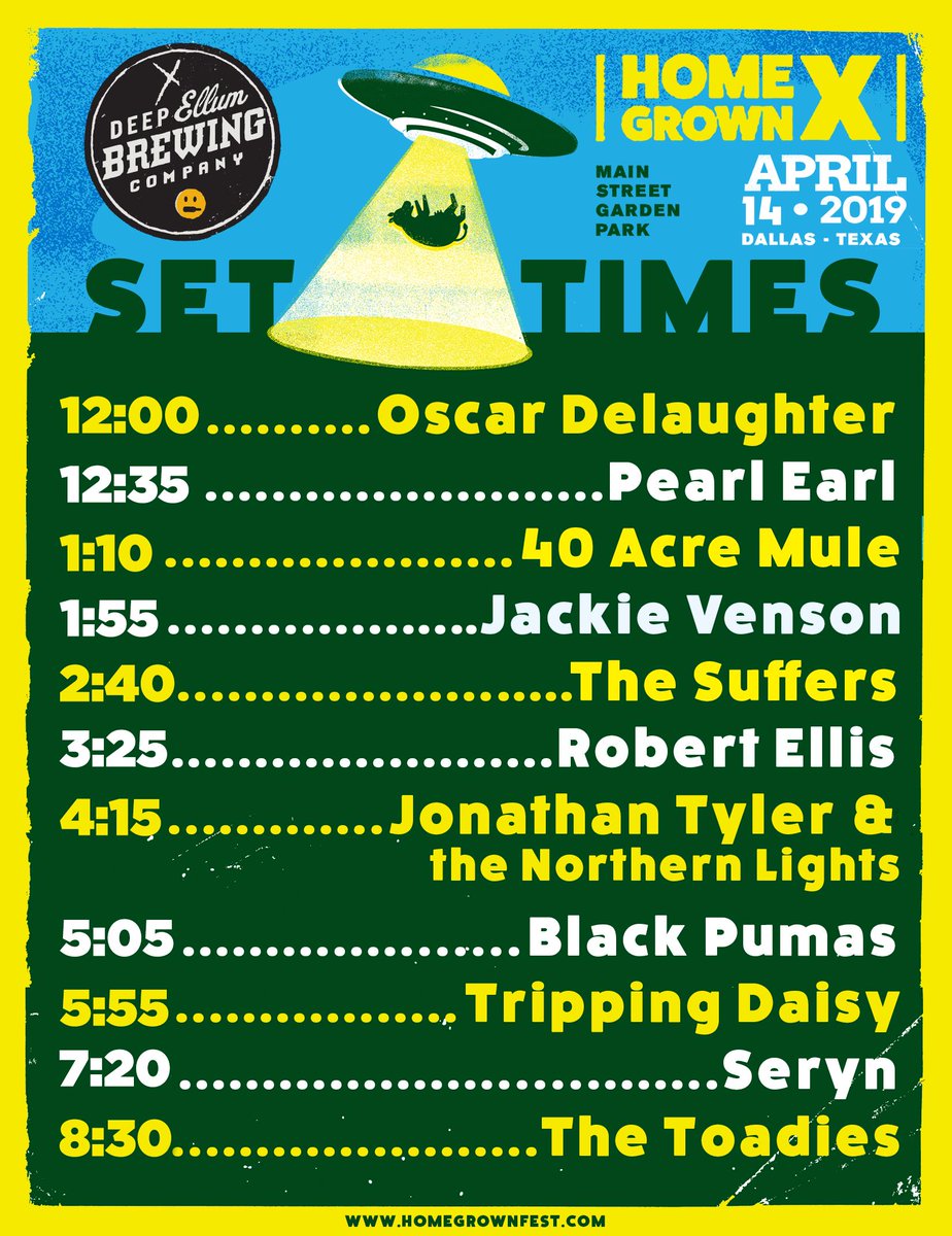 Set times for Sunday are here!

12 <a href="/oscardelaughter/">Oscar Delaughter</a> 
12:35 <a href="/PearlEarlMusic/">Pearl Earl</a> 
1:10 40 Acre Mule
1:55 <a href="/jackievenson/">Jackie Venson</a> 
2:40 <a href="/TheSuffers/">The Suffers</a> 
3:25 <a href="/robertellis_/">Robert Ellis</a>
4:15 <a href="/Jonathan_Tyler/">jonathan tyler</a>
5:05 <a href="/BlackPumasMusic/">Black Pumas</a> 
5:55 <a href="/TripDaisyOfcl/">Tripping Daisy</a> 
7:20 <a href="/serynsounds/">Seryn</a>
8:30 <a href="/thetoadies/">Toadies (Official)</a>