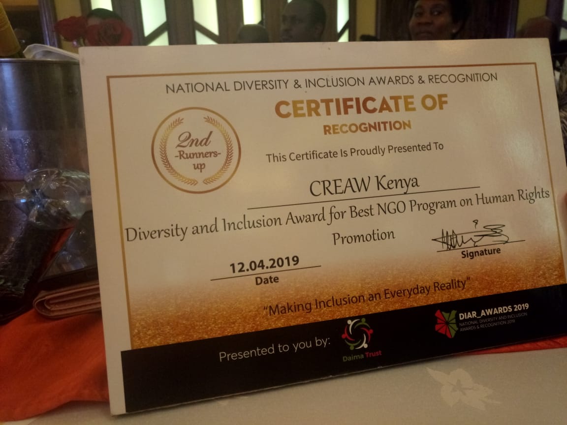 CREAWKenya's tweet photo. Great News! We have won the @DIAR_Awards

We take pride in the promotion of human rights. This is a win for all the women and girls in Kenya. We shall not relent until every woman and girl fully enjoy their rights and lives a life of dignity.
#DIARAwardsGala https://t.co/usouqGfCM8