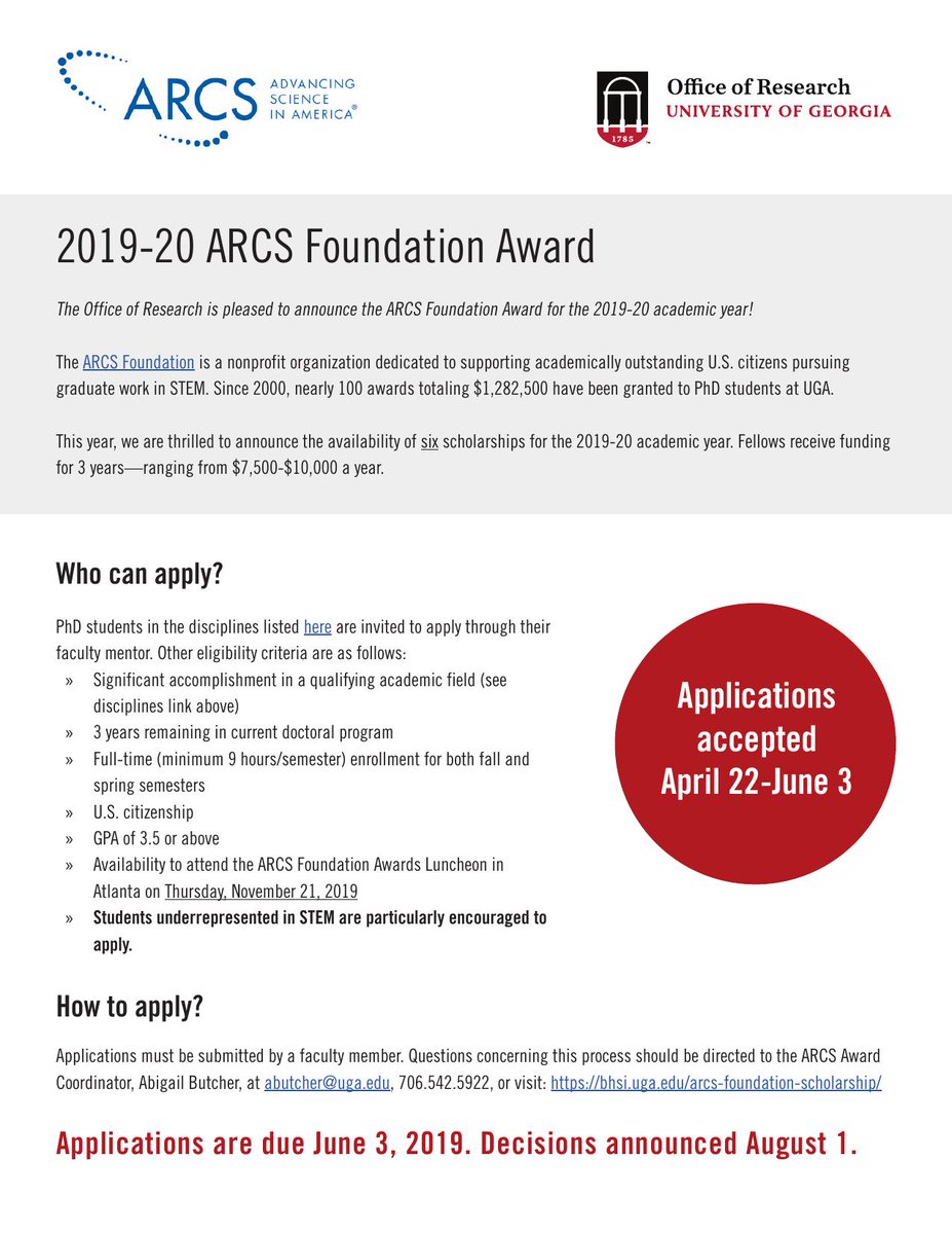 ugabhsi's tweet photo. We are excited to announce the launch of the 2019 - 2020 ARCS Awards season! The application portal will open on April 22. For more details please visit our website: https://t.co/fV7QgQuy9M https://t.co/onXFEN26Ka