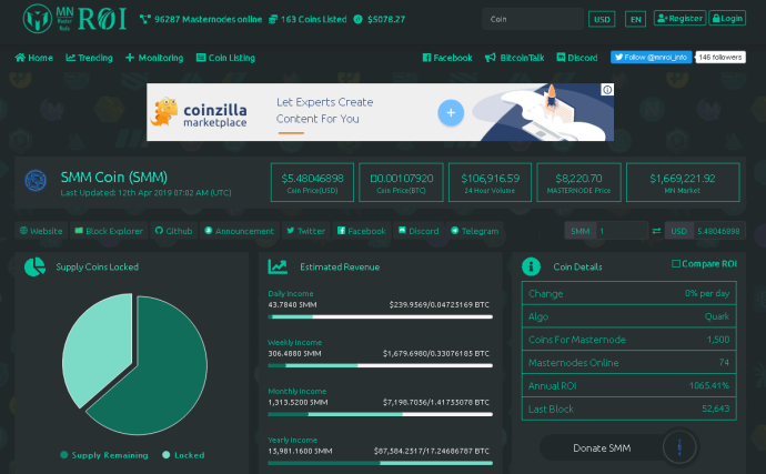 Hello  community!✌️
SMM now listed on MNROI.info💥
🌐mnroi.info/coin/SMM🌐

Monitoring and Statistic Services
Accurate data from Markets
Estimated Revenue
Notifications on Email &amp; Android App.
