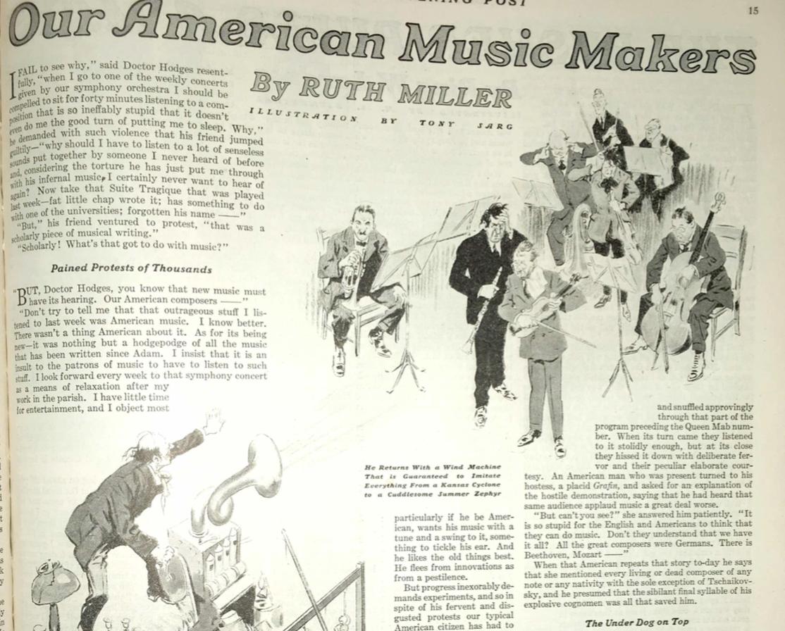 …but she also wrote for The Saturday Evening Post on American musical aesthetics. (Choice line: “I’m for progress myself and the maligned modern musical idiom has always been a thing of joy to me, but I avoid freak modern music as I do hash—and for the same reason.”)