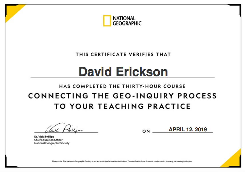 ateachersaurus's tweet photo. Got my @NatGeoEducation certificate after finishing my #GeoInquiryProcess course. It goes nicely with my #EducatorCertification course certificate!
#professionaldevelopment #NatGeoLearningFramework https://t.co/IbKpoo4MN9