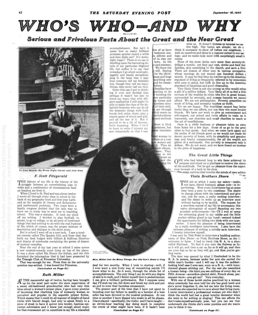 In September 1920, she wrote a witty, self-deprecating personal essay that was featured in the Post’s “Who’s Who and Why” feature, alongside another up-and-comer named... F. Scott Fitzgerald.