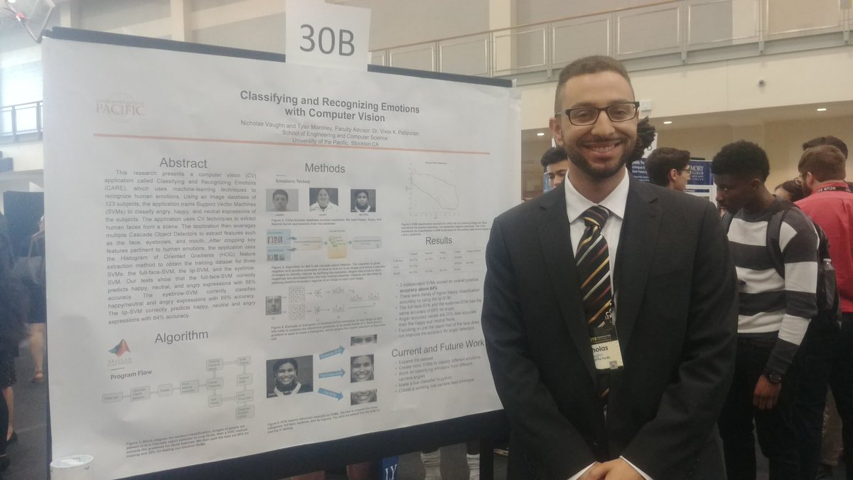 lydiakfox's tweet photo. Pacific student, Nicholas Vaughn, presenting his NCUR poster on his research using computer vision to recognize and classify emotions from facial expressions.  #NCUR2019 #UOPacific https://t.co/ws4xXlTkXG