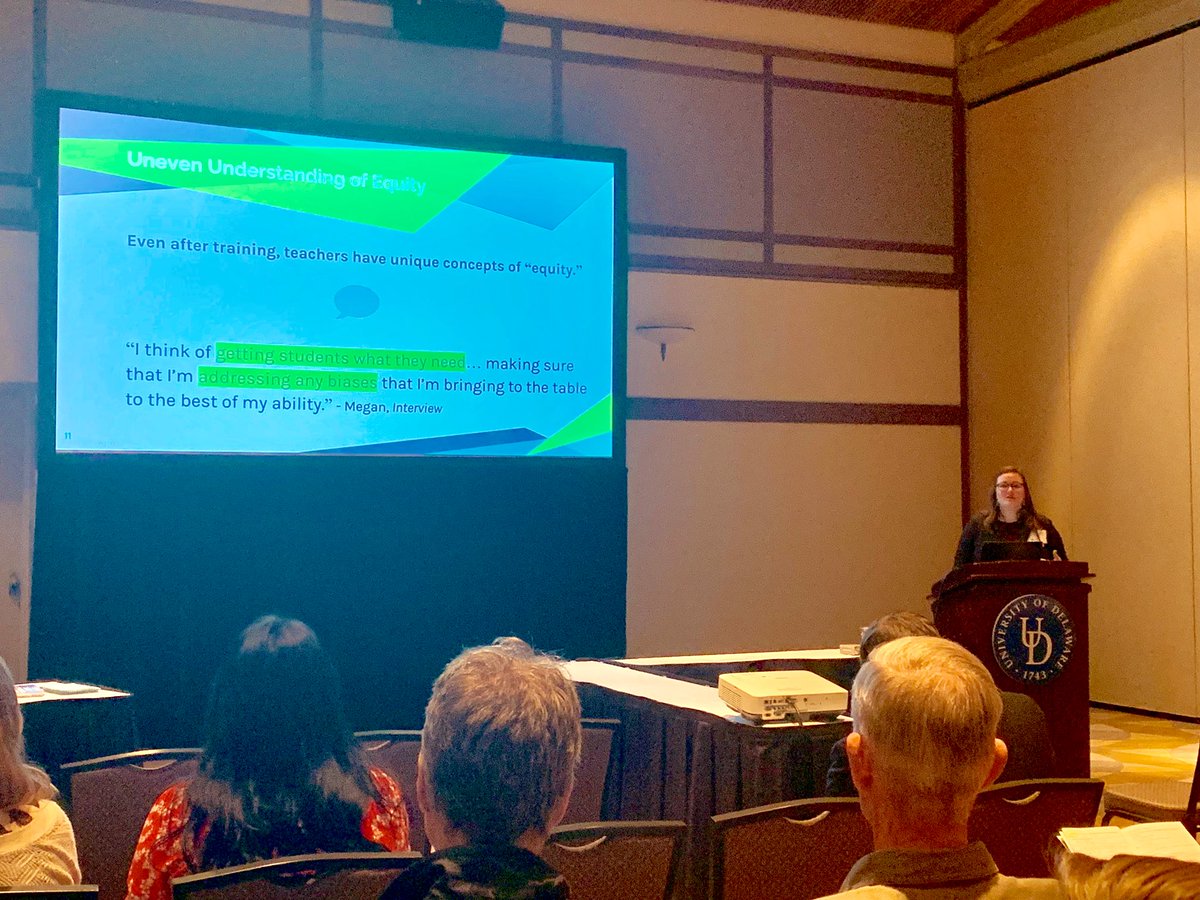 UDCEHD's tweet photo. Diane Codding discusses how white teachers are thinking about and grappling with equity as they make decisions in their racially diverse classrooms. She’s found that there are numerous barriers to equity work even in schools with a focus on promoting equity. #CEHDImpact https://t.co/a0mwhGtVIX