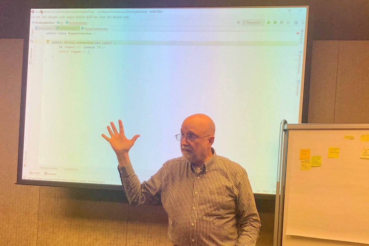 justaskkamal's tweet image. @WoodyZuill teaching how to facilitate the coding Dojo. Train the trainers session @AgileNewEngland #MobProgramming2019