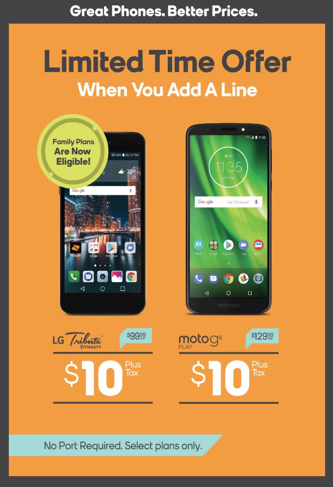 G3wirelessLLC's tweet photo. Last weekend! Add a line today and get a LG Tribute Dynasty or a Moto G6 play for just $10! https://t.co/uXheax4rfp
