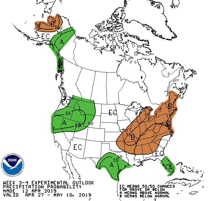 NWSCPC's tweet photo. A pattern change appears likely in today's Weeks 3-4 outlook for 4/27-5/10, with increased chances for above-normal temperatures and below-normal precipitation across much of the eastern half of the lower-48 states. https://t.co/ZyQxYYjbSQ https://t.co/GRv8JXiJBo