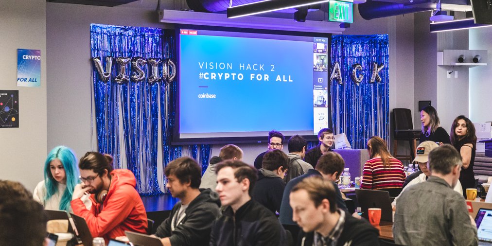 coinbase's tweet photo. We’re in the home stretch of Vision Hack 2: #cryptoforall as project teams demo their work. Stay tuned for news on our #hackathon winners. https://t.co/ottIXf3HzN
