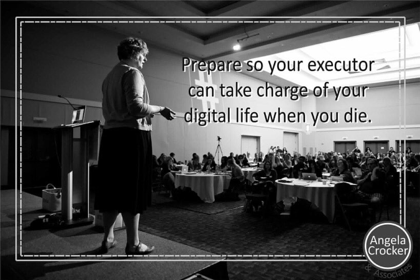 AngelaCrocker's tweet photo. "Prepare so your executor can take charge of your digital life when you die." I first introduced this theme in #declutteryourdata and it generated so much discussion @vicki_mcleod and I had to write #DigitalLegacyPlan.
(Photo #flashbackfriday to #SMCamp 2017) https://t.co/0j1NyPOrIG