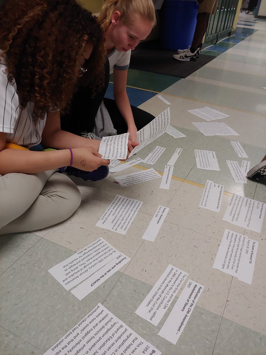 cmms_theatre's tweet photo. Continuing to support Ss as they read #AMightyLongWay in building historical context. Timeline sorting activity with critical events leading up to school integration. It's all coming together! #8thGradeStrong @CMMSCougars https://t.co/NS3L9E0EfU