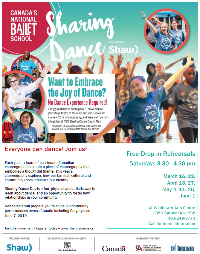 .<a href="/NBS_ENB/">Canada's National Ballet School</a> and <a href="/ShawInfo/">Shaw Communications</a> present "Sharing Dance" free drop-in rehearsals at Wildflower Arts Centre. Lots of dates coming up in April and May. Register here: nbs-enb.ca/Sharing-Dance #yyc #calgary <a href="/SpruceCliffCA/">SpruceCliffCA</a> #sharingdance