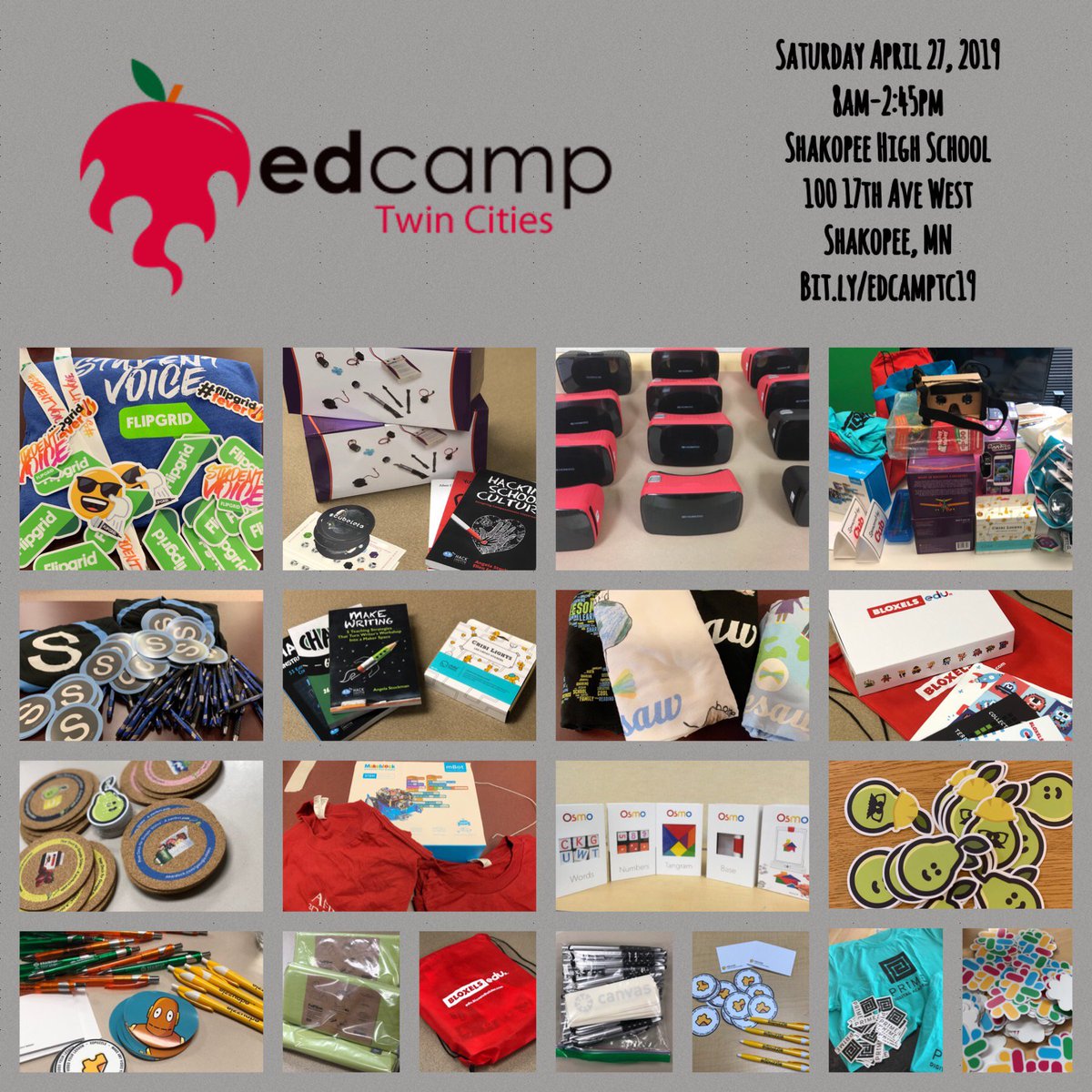 EdCampTC's tweet photo. @kathrynmdavis made a collage of many of the prizes from our amazing sponsors! Check this out and tell your friends! Then register for #edcamptc!!! https://t.co/QPael2SM2L https://t.co/FIHBePVKcg