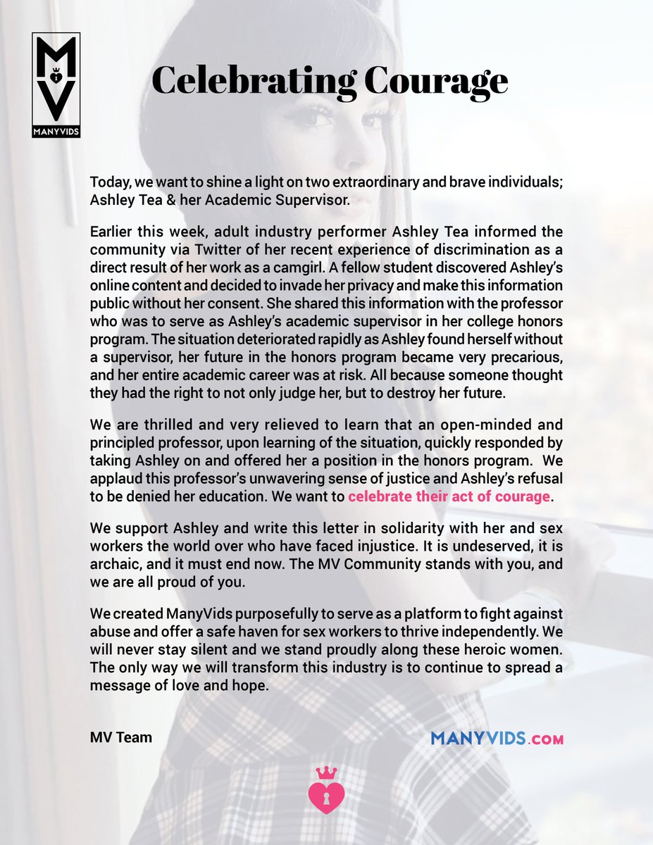 ManyVids's tweet photo. RT TO CELEBRATE COURAGE ✊🏽✊🏻✊🏿 No one should face discrimination for their choice of work. We stand behind @heyashleytea and SW's everywhere! #WeAreMany https://t.co/nDtQbdP0Rj