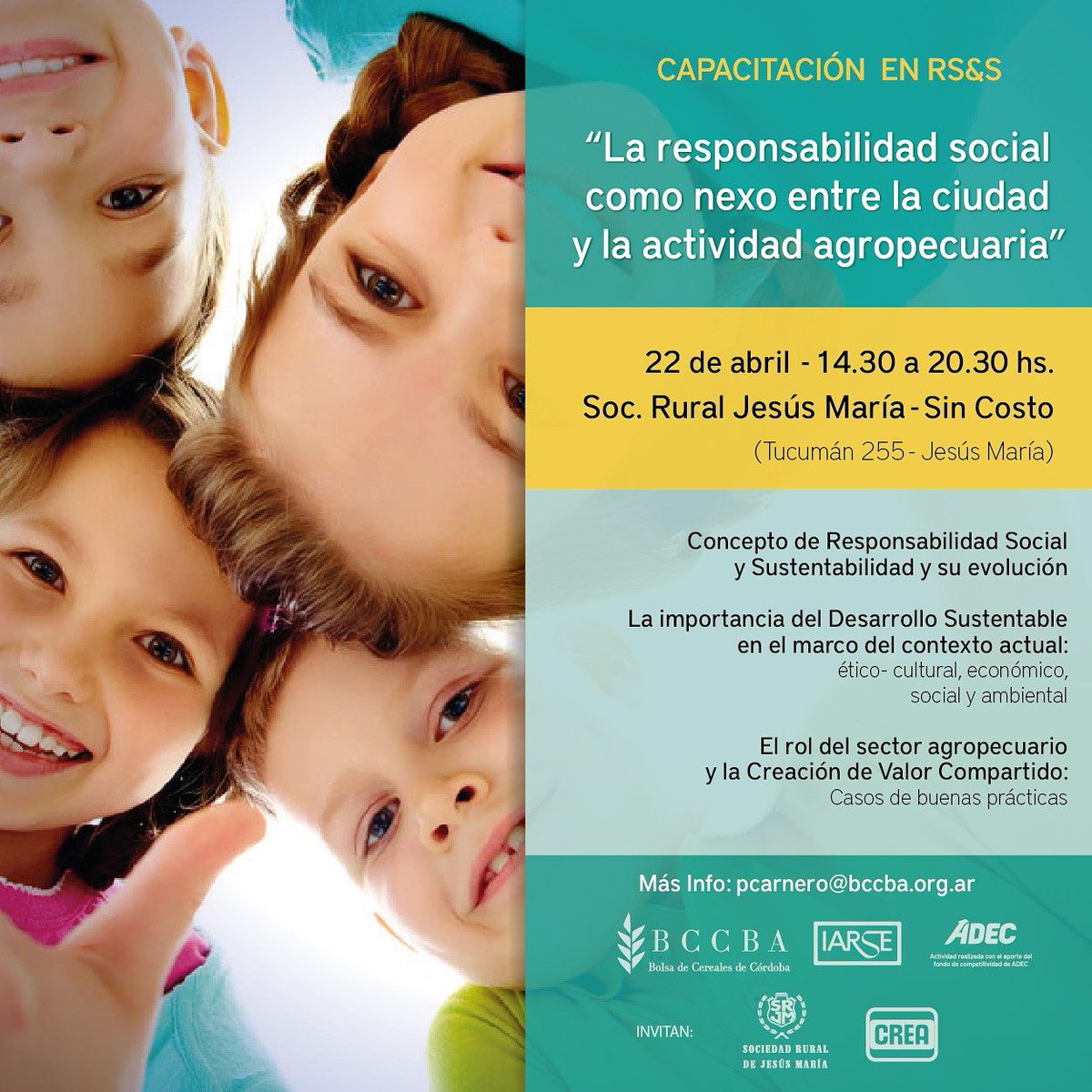 Llega a Jesús Maria la Capacitación en Responsabilidad Social y Sustentabilidad. (Totalmente Gratuita) 

Dirigido a  productores, empresarios, asesores, profesionales, referentes de organizaciones de la Soc Civil, etc.
Inscripciones 👉🏻 bit.ly/2Kbl32T