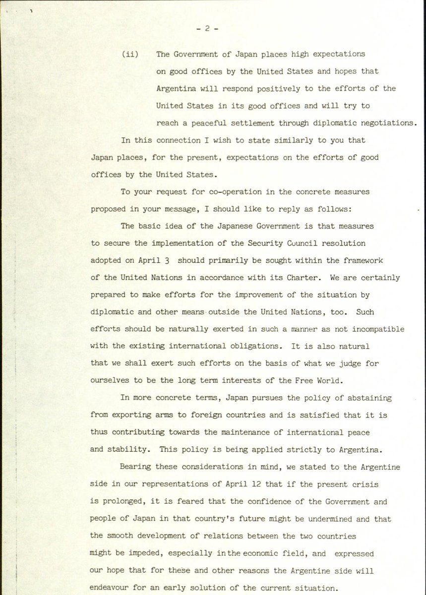 Thatcher receives a letter from her Japanese counterpart Zenko Suzuki, who says "We strongly hope that the withdrawal of the Argentine forces will be promptly realized"
