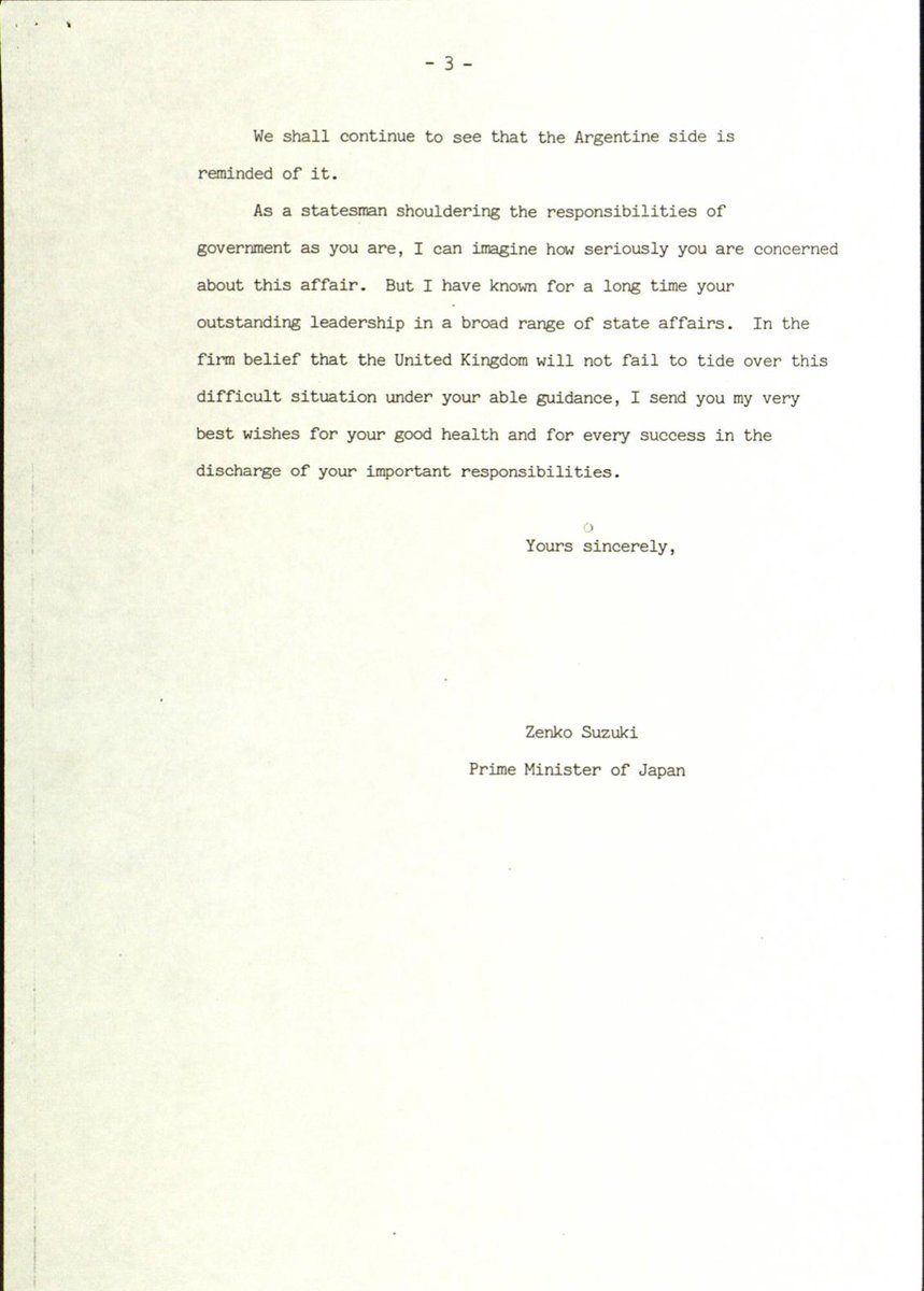 Thatcher receives a letter from her Japanese counterpart Zenko Suzuki, who says "We strongly hope that the withdrawal of the Argentine forces will be promptly realized"