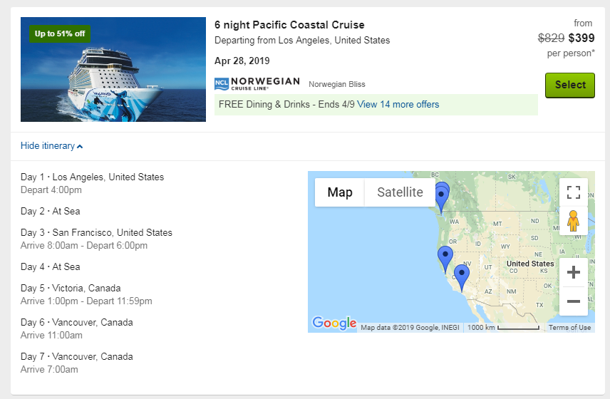 6 Night Pacific Coast Cruise for $399 per person April 28th. Contact us at the Travel <a href="/TravelShackGS/">Travel Shack</a>