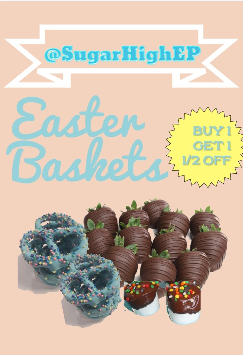 SugarHighEP's tweet photo. Order your Easter 🐣 baskets with me today! $30 for the first &amp; half off for the second! 🐇🐰💖

Standard goodies it comes with: strawberries, pretzels, marshmallows, &amp; gummy bears all CHOCOLATE COVERED 🤤🍓🍫

#SugarHighEP #ElevatedSweets #KeepItLocalEP #EasterBaskets #Easter https://t.co/EnCzyFqOxz