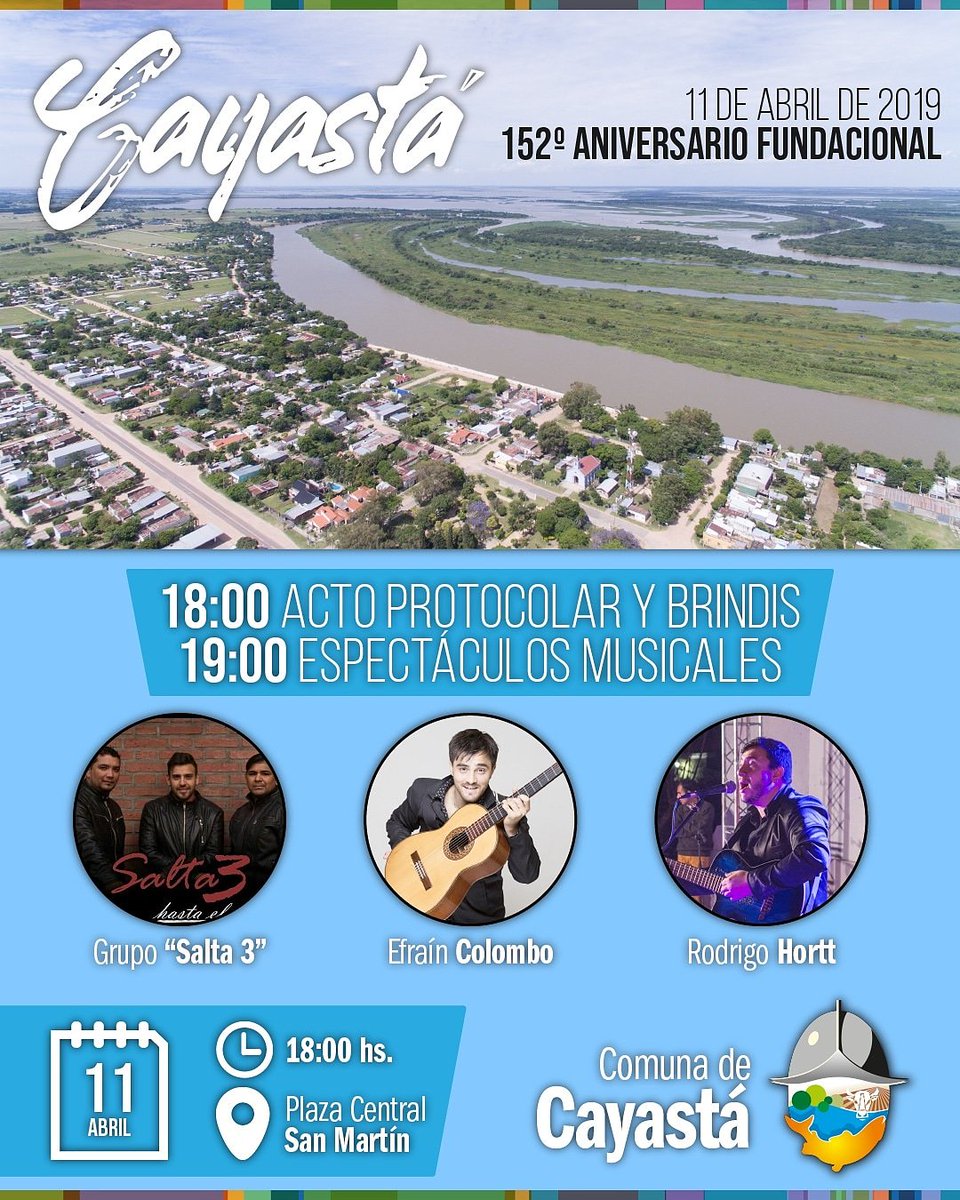 comuna_cayasta's tweet photo. #152AniversarioCayastá
#Mañana vamos juntos a disfrutar de una jornada de celebración por un nuevo aniversario de la fundación de #Cayastá!
Habrá espectáculos musicales a cargo de @EfrainColombo #RodrigoHortt y #Salta3
No te lo pierdas!
#CayastáConTodo https://t.co/ahzrsWEeNh