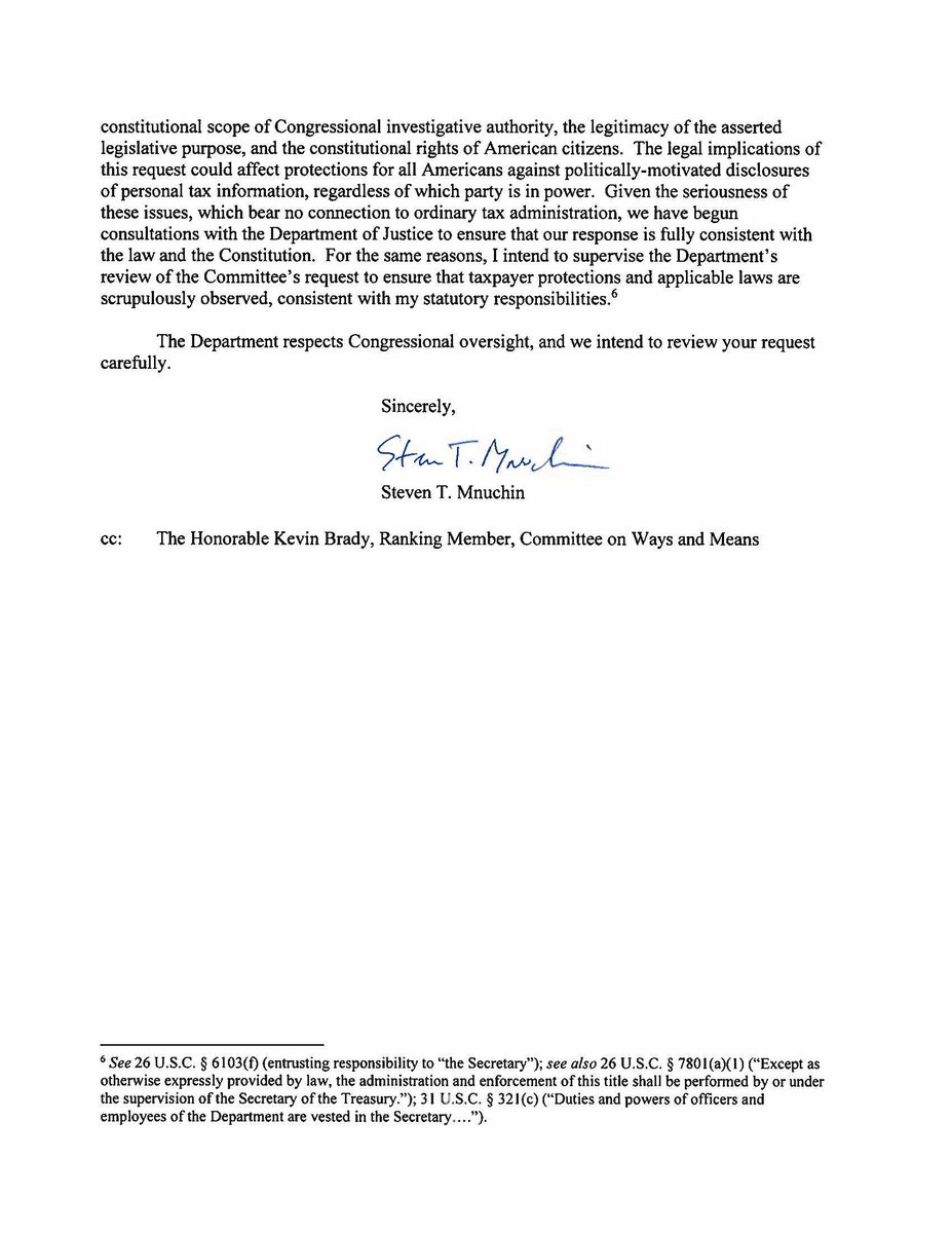 TreasurySpoxArc's tweet photo. Secretary Mnuchin’s response to Chairman Neal’s letter requesting President Trump’s tax returns: https://t.co/X2VsDYKpYh