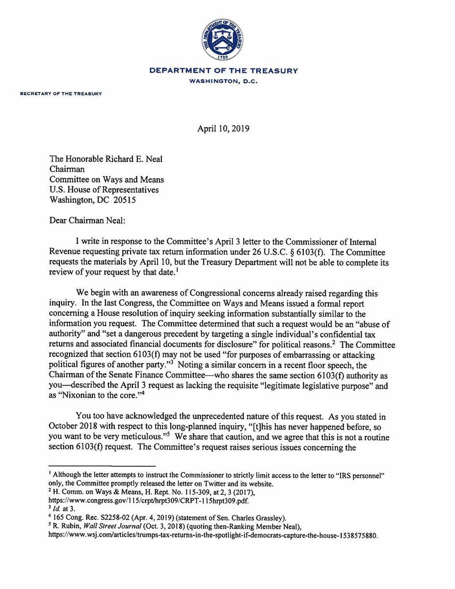 TreasurySpoxArc's tweet photo. Secretary Mnuchin’s response to Chairman Neal’s letter requesting President Trump’s tax returns: https://t.co/X2VsDYKpYh