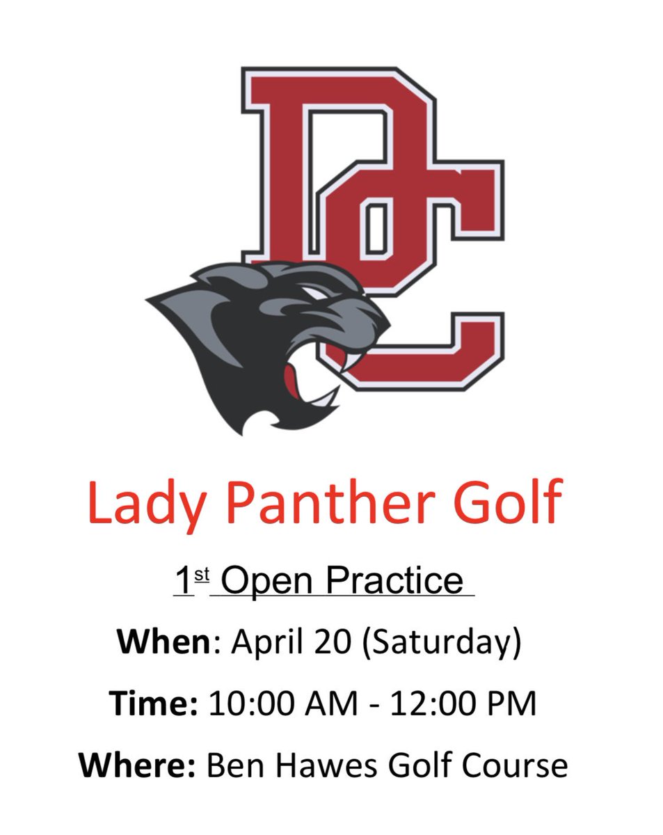 LadyPantherGolf's tweet photo. ⛳️ First Open Practice! 🏌️‍♀️

Any girl who is interested in playing DCHS Lady Panther Golf is encouraged to come out!

All girls must be in 7th grade or above for the 2019-2020 school year, have their own clubs,
&amp; an updated physical that will be turned in on April 20th! https://t.co/DqTeURCsuk