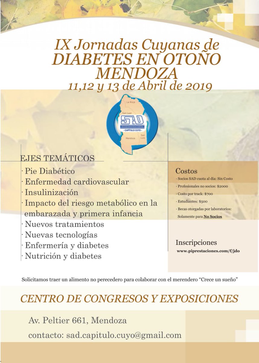 tolaba_nicolas's tweet photo. Están todos invitados a participar de las Jornadas Cuyanas de Diabetes en el Centro de Congresos y Exposiciones.Peltier 611 Ciudad de Mendoza.
https://t.co/CpOXGDVDF1 https://t.co/cQ280gEo0a