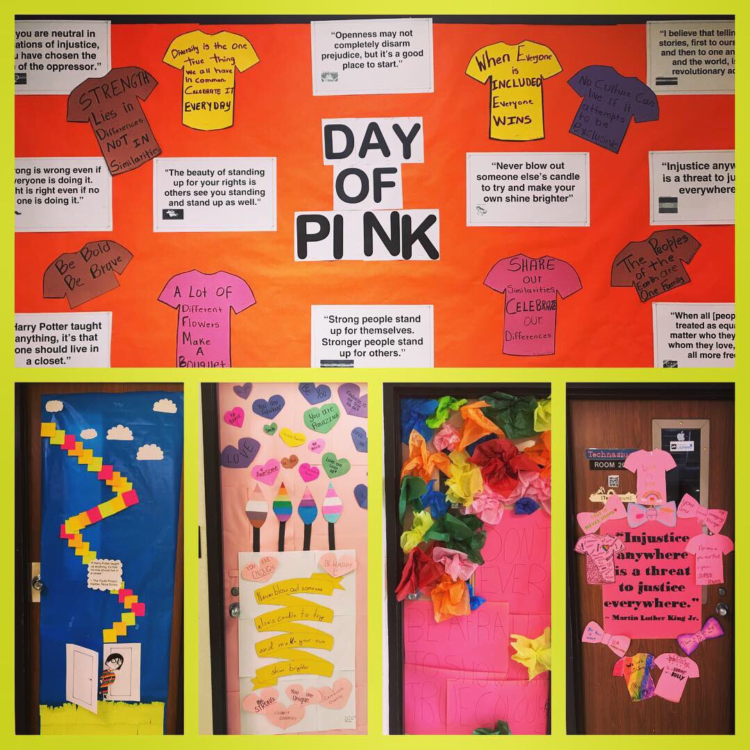 MmeJJackson's tweet photo. So impressed with the efforts of @EdenwoodMS students in our #DayOfPink door-decorating event! Our hallways look amazing!! #PINKinPDSB @YANAMPP @PeelSchools https://t.co/BGZI0zlZp7
