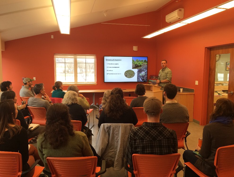 ChadFHammer's tweet photo. Presenting my research on the impacts of invasive plants in natural and restored riparian forests in northern New England to federal, state, and non-profit land managers at the Watersheds United Vermont conference.VT is small but mighty! #forestinvasives #invasivespecies #scicomm https://t.co/EQg7lqmpjf