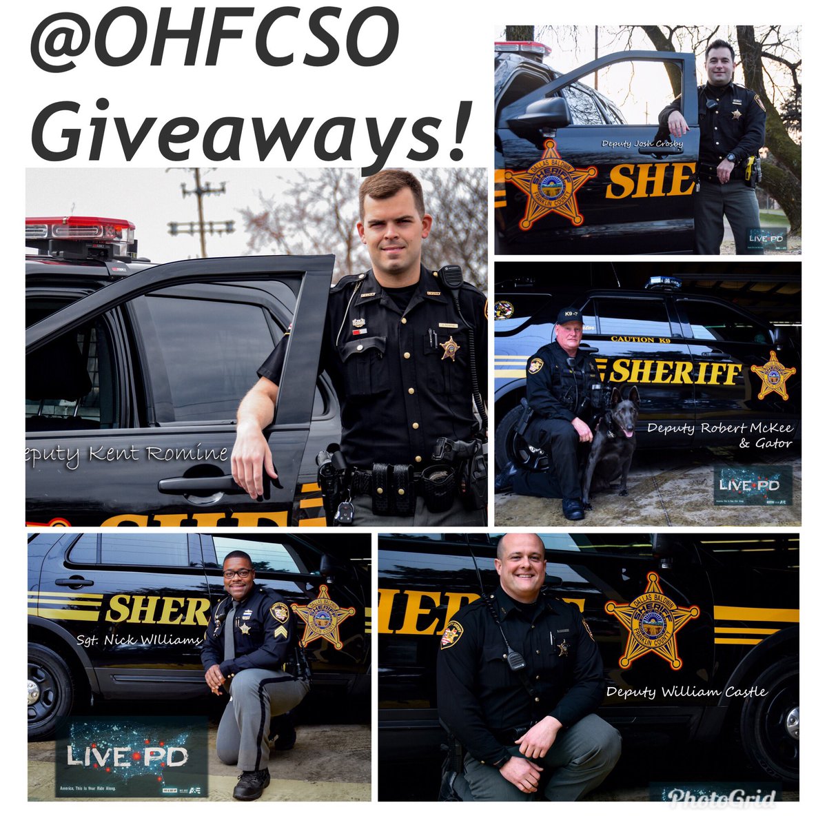 WEDNESDAY GIVEAWAY! Here is your chance to win an 8X10 signed photo of <a href="/DeputyRomine/">Deputy Romine1289</a> , <a href="/FCSO_S6/">Sgt. Nick Williams</a> ,<a href="/bcastlerock/">Deputy Castle</a>,<a href="/DepMckeeK9Gator/">Robert McKee & K9 Gator</a>, <a href="/1195Crosby/">Deputy Crosby 1195</a> <a href="/OfficialLivePD/">Live PD on A&E</a>. 4 winners will be picked after 300 retweets. Best of luck! #ILoveMyFCSO #LivePD #LivePDNation <a href="/LivePDNation/">Benny</a> <a href="/livepdfc/">Live PD Franklin County</a>
