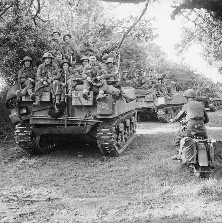 WW2Vehicles's tweet image. Sherman tanks of the Staffordshire Yeomanry, 27th Armoured Brigade, carrying infantry from 3rd Division, move up at the start of Operation &apos;Goodwood&apos;, 18 July 1944.