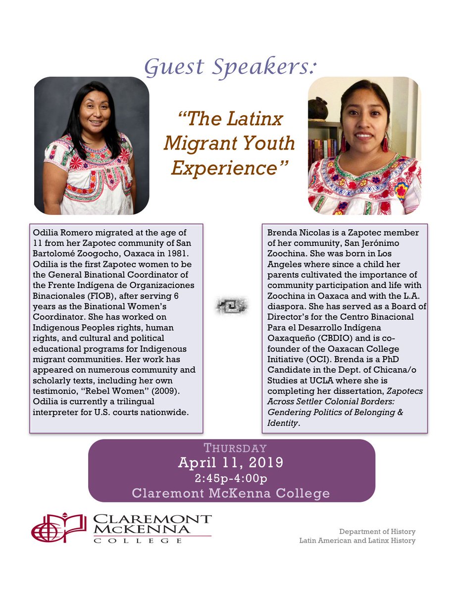 Happening Tomorrow at Claremont McKenna College. Special thanks to the History Department. #Indigenousintellectuals #communityengaged #ZapotecWomen #criticalindigenousstudies @OdiliaRomero