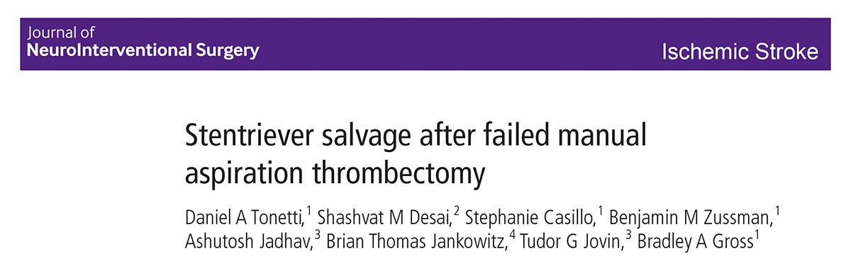 PittNeurosurg's tweet photo. A study by @DanTonettiMD, et al. attempts to identify predictors of successful crossover to stent retriever mediated aspiration thrombectomy after failed first pass manual aspiration thrombectomy. https://t.co/nLpOSinve0 @AshuPJadhav #stroke https://t.co/FPJhufTVu4
