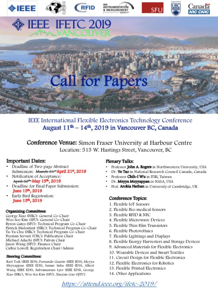 StitchInstitute's tweet photo. Exciting IEEE International Flexible Electronics Technology Conference (IFETC), Vancouver, Aug. 11-14, 2019. Abstract deadline: Apr 21. https://t.co/TGwWHMOgH9 #FlexibleElectronics #SmartTextile #FlexiblePV #Displays #ElectronicSkin @StitchInstitute https://t.co/AP1syPGiwe