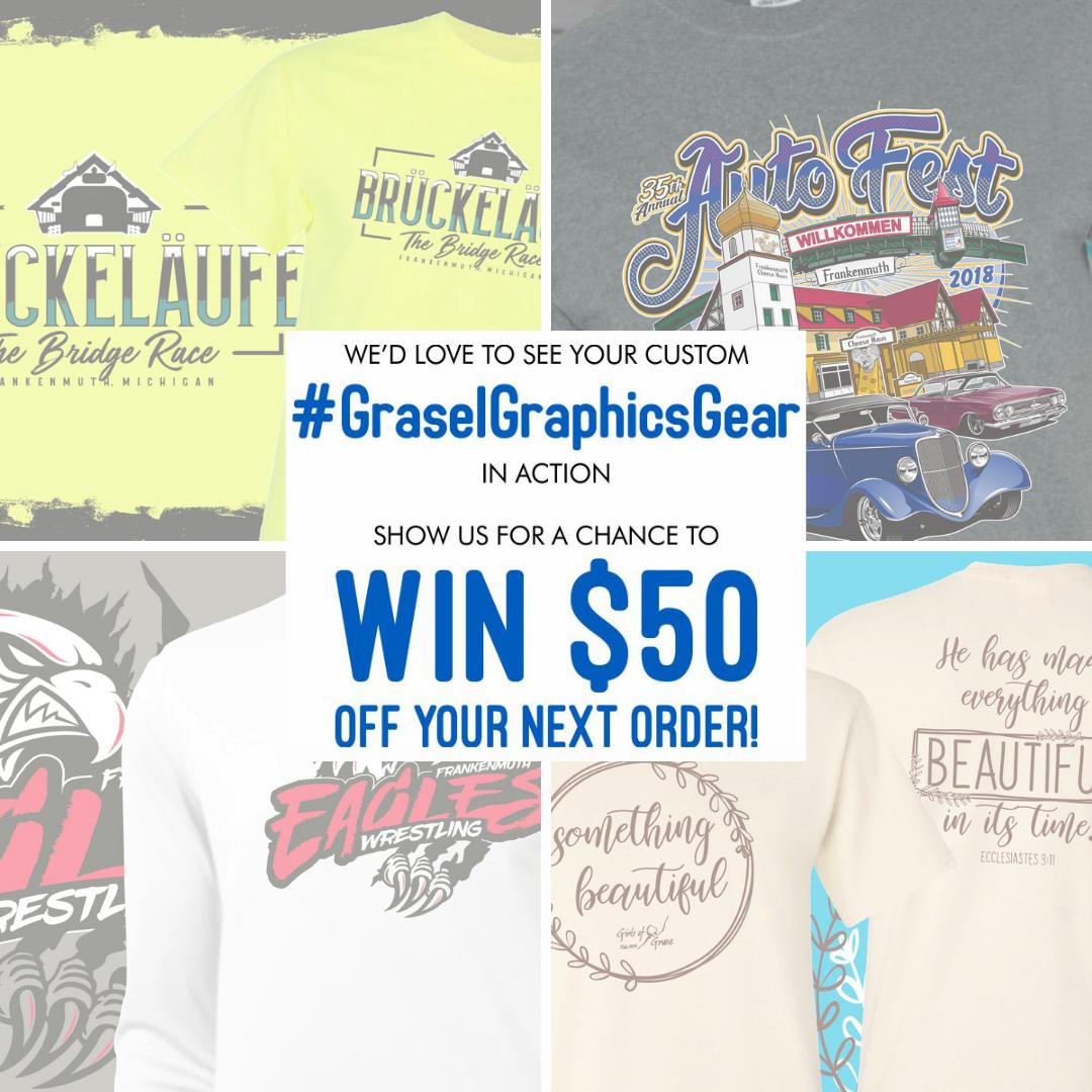 GraselGraphics's tweet photo. Contest! Win $50 off your next order. 

Enter: follow us on Facebook or Instagram, post a pic wearing your GraselGraphicsGear, &amp;:
1. On Facebook: Tag us @GraselGraphics &amp; use #GraselGraphicsGear 
2. On Instagram: Use #GraselGraphicsGear 

A winner is randomly chosen every month! https://t.co/YXFolv9D1P