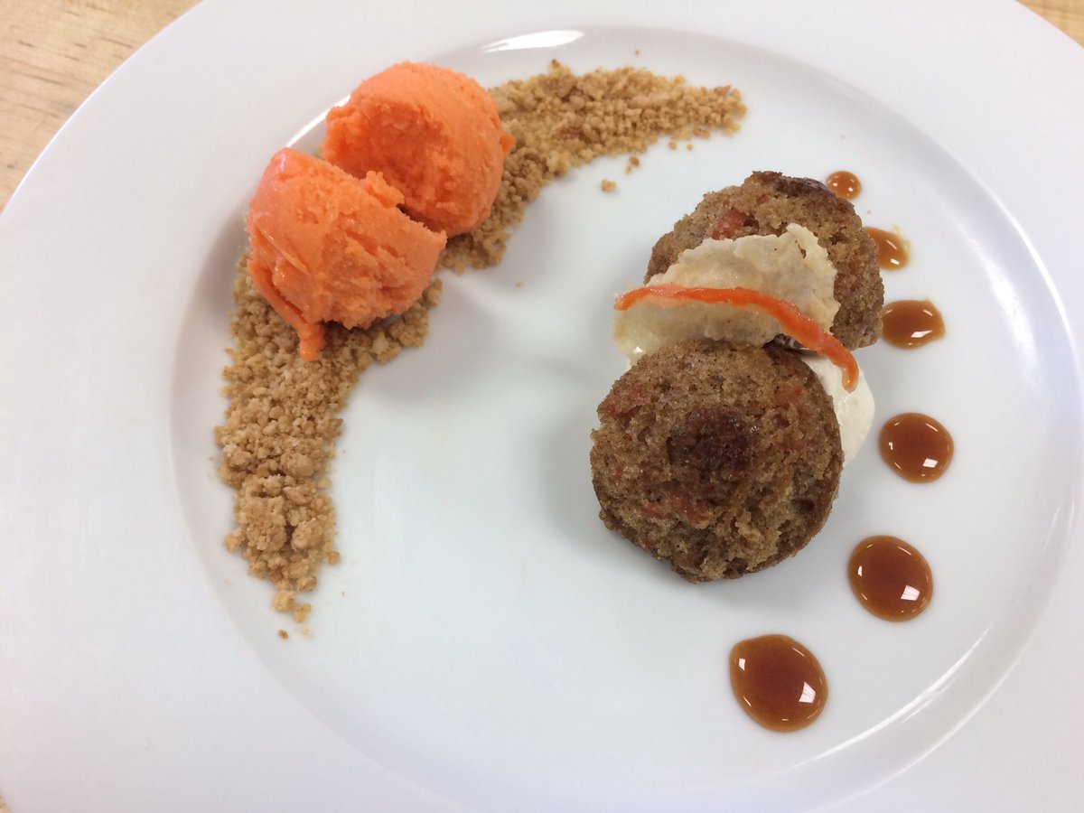Modern Plated Dessert Day: Carrot Cake, White Chocolate Cream Cheese Mousse, Carrot Mango Sorbet, Graham Cracker Crumble, Orange Caramel, Candied Carrots #ctcbakinglove #ctchullskitchen #carrotcake