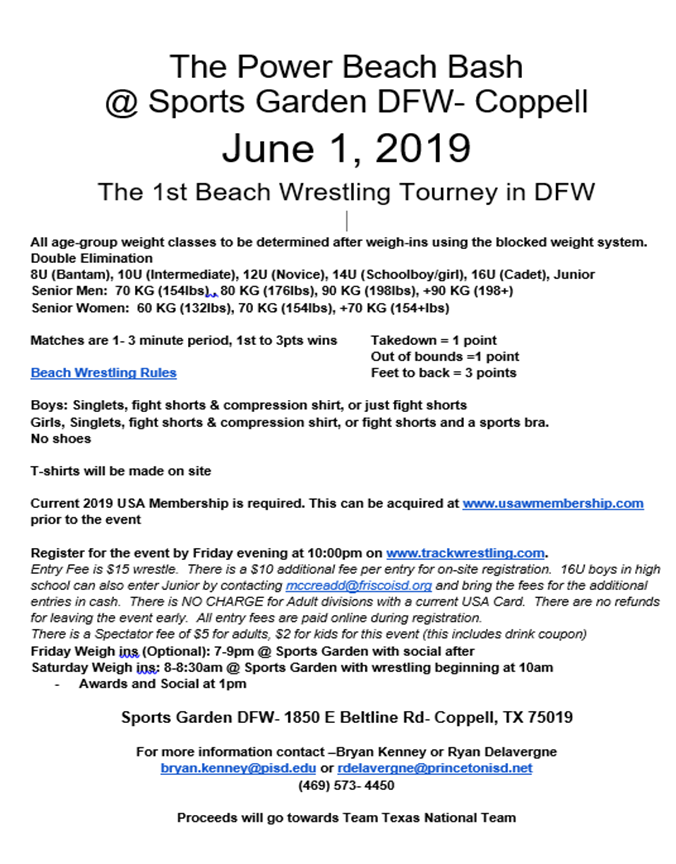 coachDLV's tweet photo. Here it is! Beach wrestling is coming to DFW!! Proceeds will go to Team Texas! Please share with your team.  @TX_Women_Wrest @TeamTXWrestling @TheCoachKenney https://t.co/Hwaf3puAh3