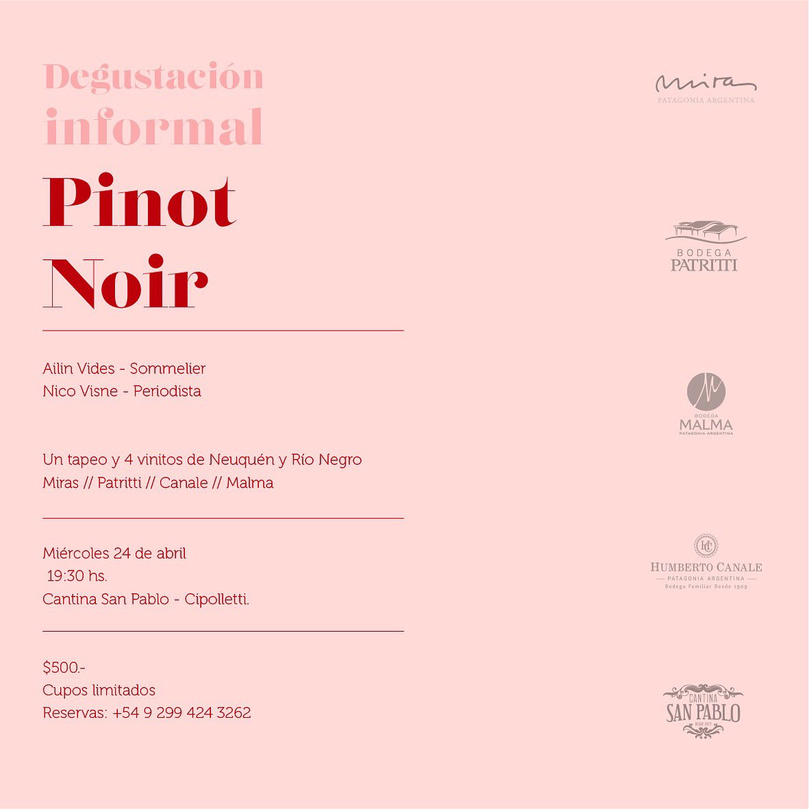 El 24/4 daremos una degustación informal de Pinot Noir con la grosa de <a href="/NegritaVides/">Aιlín Videѕ</a> en Cantina San Pablo. #cuposlimitados <a href="/BodegaPatritti/">Bodega Patritti</a> <a href="/MalmaWines/">Malma Wines</a> <a href="/BodegaCanale/">Bodega Humberto Canale</a> <a href="/BodegaMiras/">Bodega Miras</a>