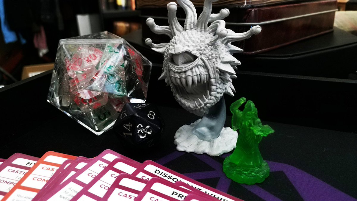 itsQuillMC's tweet photo. My #DNDSelfie (with guest appearance from the #CritterDeck). Showing some of my favorite dice by @KrakenDice and @HeartBeatDice. #dnd has been such a huge part of my life for over 20 years. I wouldn't have it any other way... #dndselfies #dnd5e #TTRPG https://t.co/BCB3Jw28nF