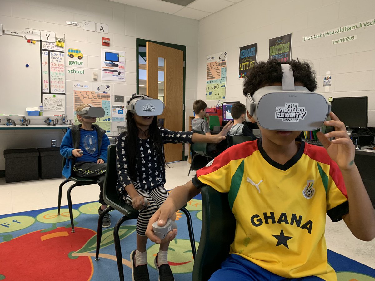 AmandaFoxSTEM's tweet photo. All aboard! How tall do u have 2 be to ride? Rotating students in and out of @rumiiVR , roller coasters, and ERVR to show various types and degrees of experiences! #vrpodcast #arvrinedu #steampunksedu Check our those beautiful stickers! @jamesmccrary @geoparadigm @thevrpodcast https://t.co/vAFmYPCMCh