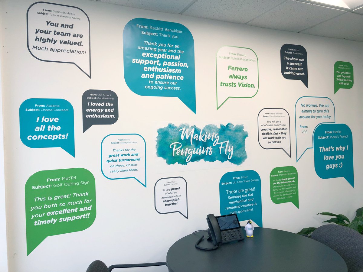VCGAgency's tweet photo. Weโre bringing a whole new meaning to the phrase โif walls could talkโฆโ The Making Penguins Fly client wall is officially up in our office! #PositiveVibes #MakingPenguinsFly #ClientService https://t.co/CocPoq9rMy