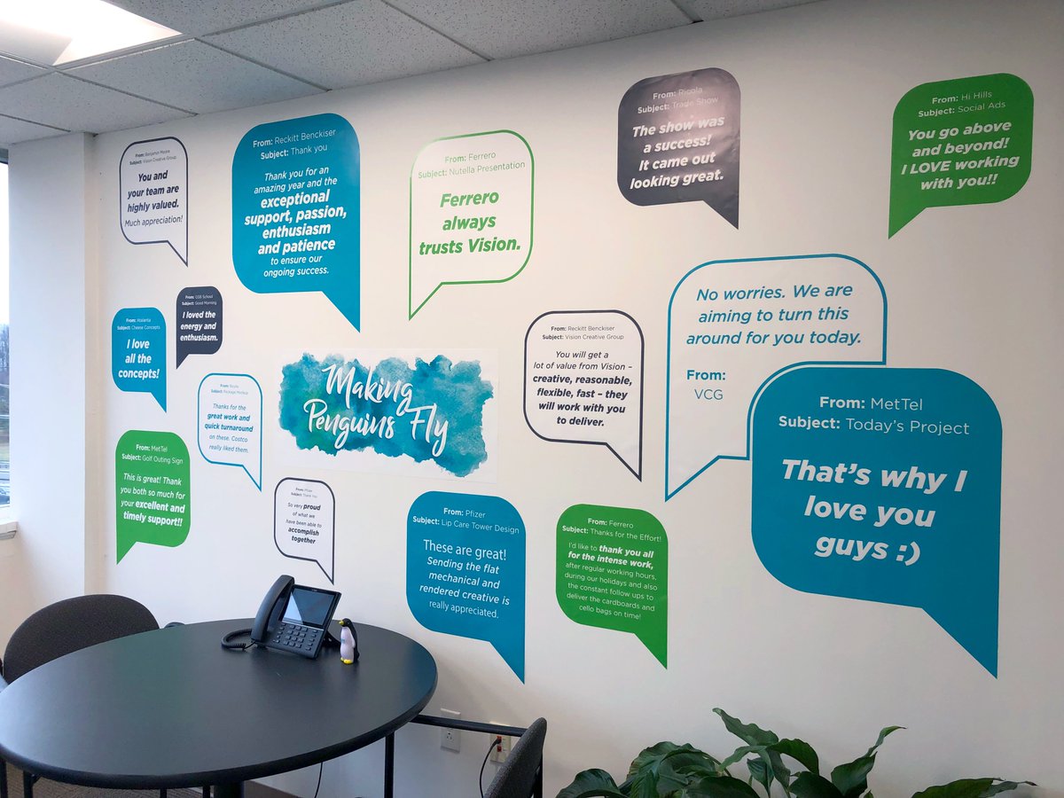 VCGAgency's tweet photo. Weโre bringing a whole new meaning to the phrase โif walls could talkโฆโ The Making Penguins Fly client wall is officially up in our office! #PositiveVibes #MakingPenguinsFly #ClientService https://t.co/CocPoq9rMy
